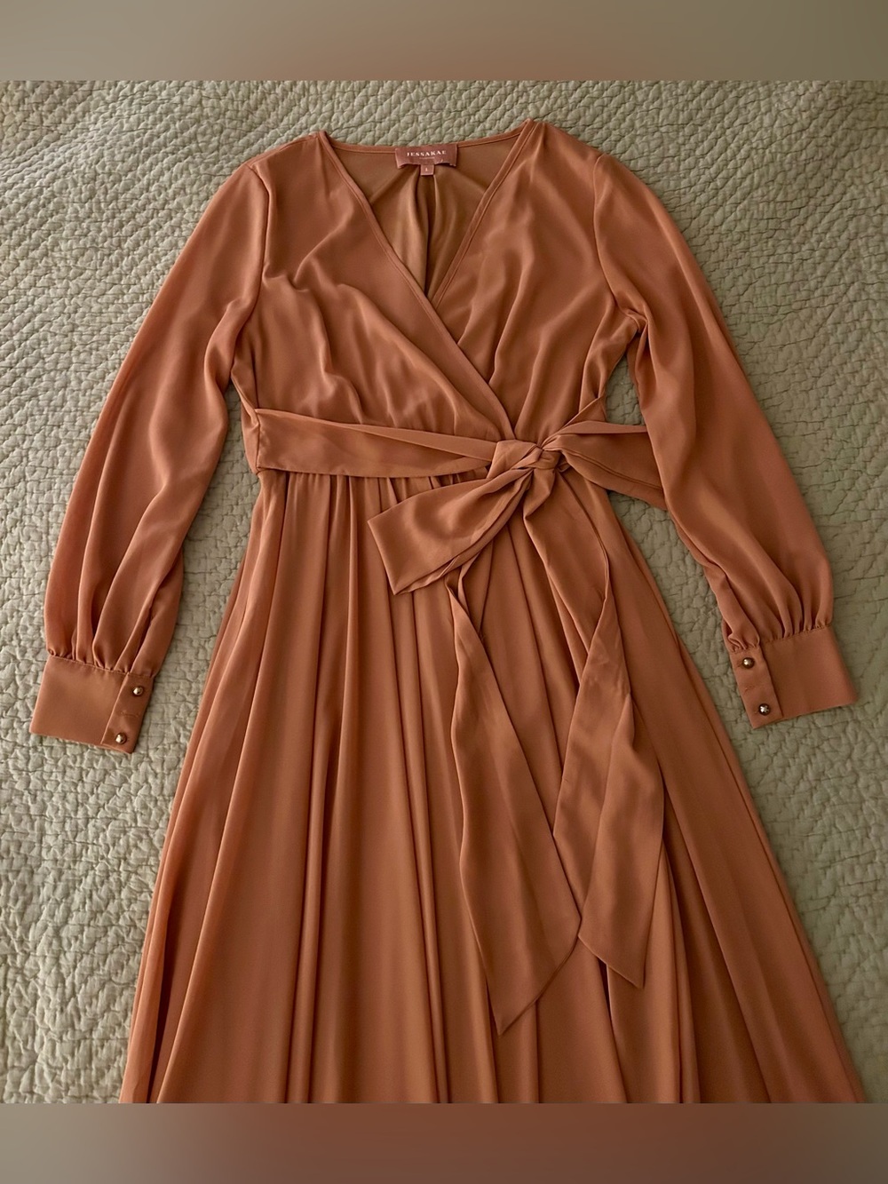 JessaKae Burnt Orange Chiffon Maxi Dress with Long Sleeves & Waist Tie